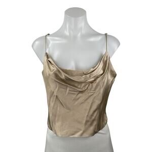 Zara Women's Gold Tan Satin Sleeveless Cami Camisole Cowl Neck Crop Tank Top L